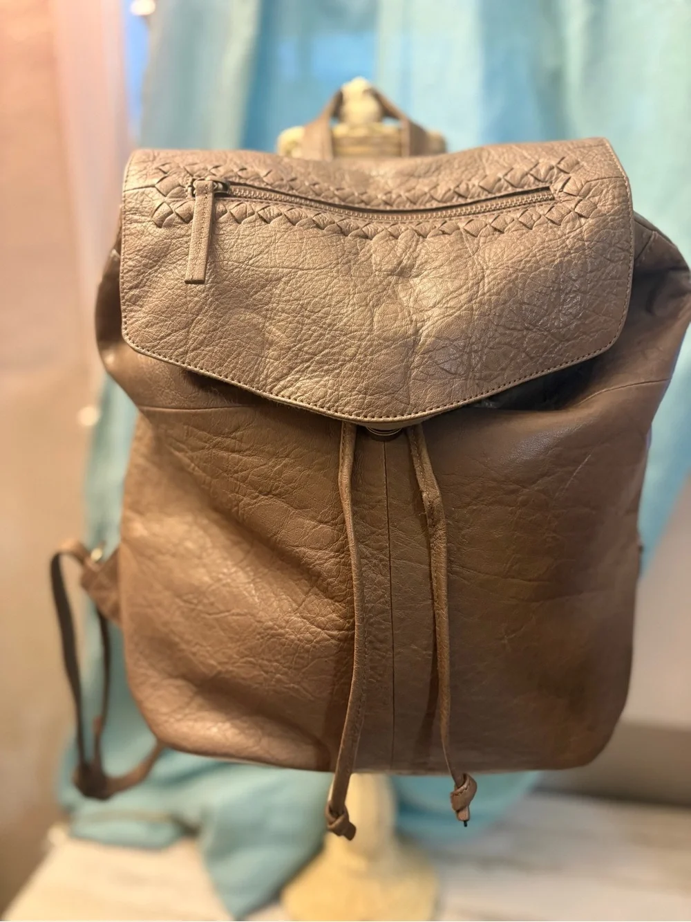 Day & Mood Taupe Leather Drawstring Backpack Hobo Bag Boho